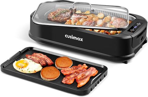 Smokeless Grill, CUSIMAX Electric Indoor Grill Griddle Portable Korean BBQ | 1500W/Adjustable Temperature/Smart LED Display/Non-stick Removable Grill & Griddle Plate/Detachable Parts/Easy Cleanup in Saudi Arabia