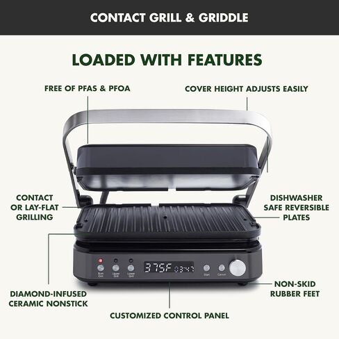 GreenPan 6-in-1 Multifunction Removable Plate Indoor Grill & Electric Griddle, Diamond Infused PFAS Free Ceramic Nonstick Reversible Plates, Opens Flat, Adjustable Temp, Panini Press, Black in Saudi Arabia