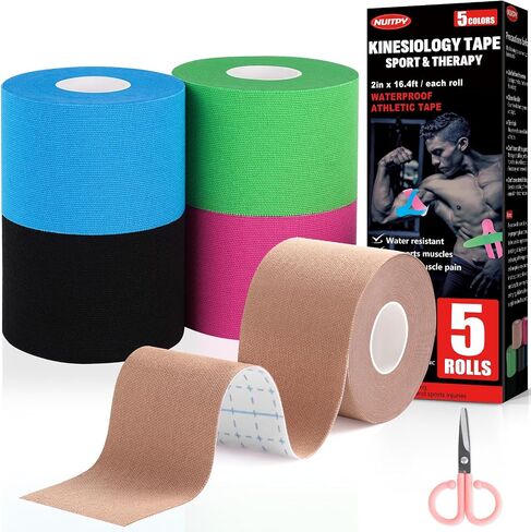 5 Rolls Kinesiology Tape, 5 Colors 2 inch x 16.4 Feet Waterproof Athletic Tape, Uncut Kinetic Tape, Elastic Muscle Tape, Sports Tape, Knee Tape for Exercise and Daily Use | Waterproof Uncut Athletic Tape, Elastic Muscle Tape, Sports Tape, Knee Tape for Ex in Saudi Arabia