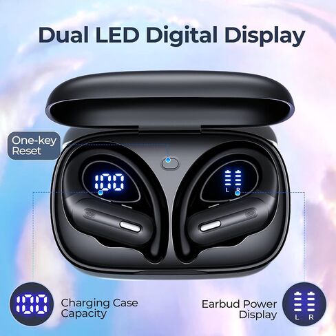 GNMN Wireless Earbuds Bluetooth Headphones 90 Hrs Playtime Ear Buds with Hi-Res Stereo Deep Bass Power Display Earphones with Earhooks Waterproof Transparency Headset Sports/Running in Saudi Arabia