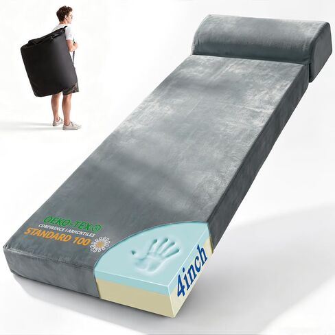 Thick 4 INCH Memory Foam Camping Mattress Pad with Built-in Pillow, Dual Layer Roll Up Floor Sleeping Mat, Camping Cot Mattress Sleeping Pad Travel Car Tent Guest Bed for Guest Adults in Saudi Arabia