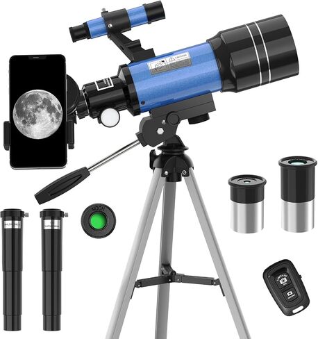 Telescope for Adults & Kids, 70MM Aperture FMC Optics Telescopes for Astronomy Beginners, 300MM Refractor Telescope (15X-150X) with Phone Adapter and Tripod, Travel Gifts for Moon, Jupiter and Star in Kuwait