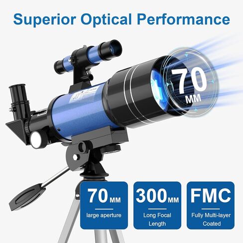 Telescope for Adults & Kids, 70MM Aperture FMC Optics Telescopes for Astronomy Beginners, 300MM Refractor Telescope (15X-150X) with Phone Adapter and Tripod, Travel Gifts for Moon, Jupiter and Star in Kuwait