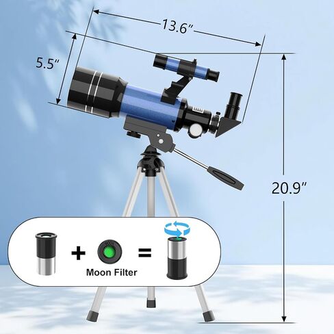 Telescope for Adults & Kids, 70MM Aperture FMC Optics Telescopes for Astronomy Beginners, 300MM Refractor Telescope (15X-150X) with Phone Adapter and Tripod, Travel Gifts for Moon, Jupiter and Star in Kuwait