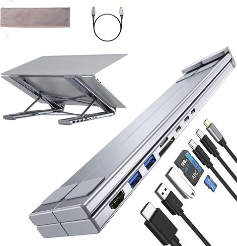 Laptop Stand with Docking Station, 8 in 1 USB C Hub HDMI Portable Laptop Stand for Desk with USB Ports, Multiport USBC Dock Stands Foldable Adjustable Computer Riser Holder Dongle for MacBook in Saudi Arabia