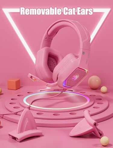 ZIUMIER Pink Wired Gaming Headset with Detachable Cat Ears | Noise Canceling Microphone, LED Light, 50mm Driver, 3.5mm Audio Jack, Compatible with PS4 PS5 Xbox Series X|S Xbox One PC in Saudi Arabia
