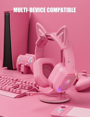 ZIUMIER Pink Wired Gaming Headset with Detachable Cat Ears | Noise Canceling Microphone, LED Light, 50mm Driver, 3.5mm Audio Jack, Compatible with PS4 PS5 Xbox Series X|S Xbox One PC in Saudi Arabia