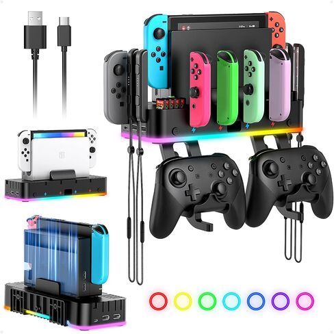 FASTSNAIL RGB Switch 2 (2025) Wall Mount Kit Charger for Switch 2/1/OLED | Switch2 Controller Organizer Accessories with 15 Light Modes, 2 USB Ports, 10 Card Slots, NS2 Store Stand Behind TV in Kuwait