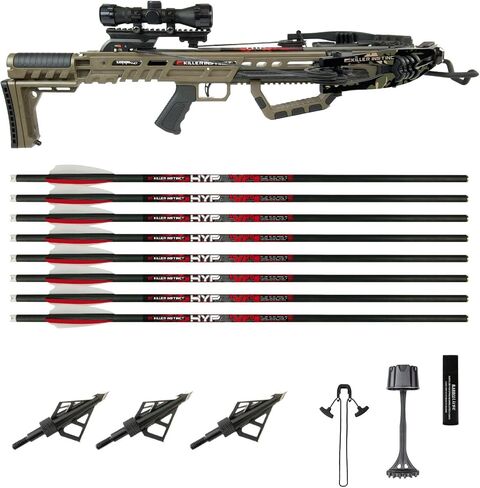 Killer Instinct Lethal 405HD Crossbow Kit 3-Pack Bundle | 8 Hypr-V Crossbow Bolts, Fixed-Blade Steel Tip 100-Grain Hunting, Redesigned Stock, Anti-Dry Fire Safety Feature in Kuwait
