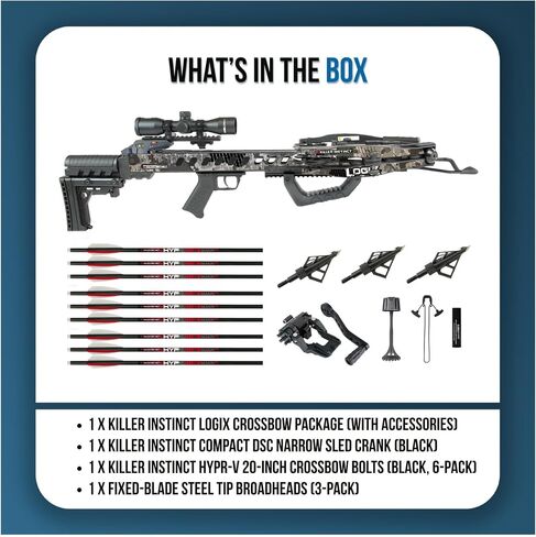 Killer Instinct LogiX DC Crossbow Bundle | Crank, Bolts, Broadheads, Steel Tip Broadheads (3-Pack, 435fps in Kuwait