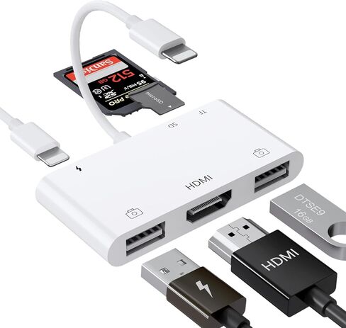 Lightning to HDMI Adapter with USB Camera and Charging Port, SD Card Reader for iPhone, 6 in 1 Camera Adapter to iPhone, Supports MIDI Keyboard, Mouse, HD TV/Projector/Monitor, Plug & Play in Saudi Arabia