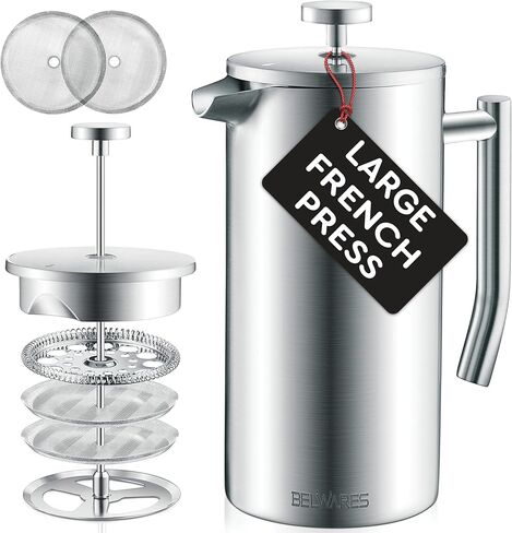 Large French Press Coffee Maker 50oz, 304-Grade Stainless Steel, Insulated | Double-Wall Coffee Press Keeps Hot, 4-Level Filter Blocks Grounds, Rust-Proof, 2 Extra Filters, Cold Brew, Matte Black (1.5L) in Saudi Arabia