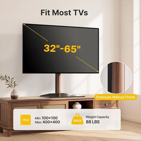monTEK Walnut Column Universal Tabletop TV Stand for 32-65"TVs,Swivel& Tilt | 3-Level height adjustable, table top TV mount stand for living room & bedroom, max VESA 400x400m, heavy duty base holds 88lbs in Kuwait