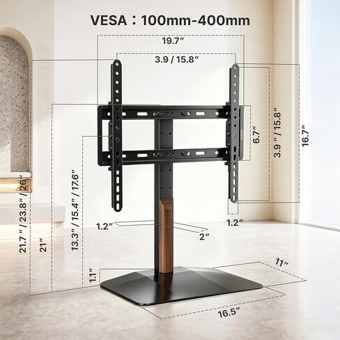 monTEK Walnut Column Universal Tabletop TV Stand for 32-65"TVs,Swivel& Tilt | 3-Level height adjustable, table top TV mount stand for living room & bedroom, max VESA 400x400m, heavy duty base holds 88lbs in Kuwait