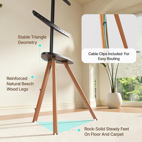 Pegzone Easel Floor TV Stand for 45 to 65 Inch TV, Hold 88lbs, Black Walnut | " Mid Century Modern Design, with Artistic Droplet-Shaped Shelf, VESA pattern 200×200 to 600×400 mm, Cable Management" in Saudi Arabia