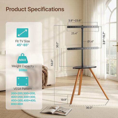 Pegzone Easel Floor TV Stand for 45 to 65 Inch TV, Hold 88lbs, Black Walnut | " Mid Century Modern Design, with Artistic Droplet-Shaped Shelf, VESA pattern 200×200 to 600×400 mm, Cable Management" in Saudi Arabia