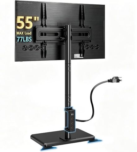 Floor TV Stand with Power Outlet for 26-55 inch TVs up to 77 lbs, Height Adjustable Swivel Tilt TV Stand with Wood Base, Saving Space Design for Bedroom, Living Room and Corner, White in Kuwait
