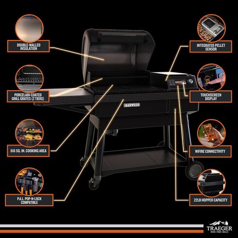 Traeger Ironwood Wood Pellet Grill & Smoker, 616 Sq In, WiFi | 165–500°F temperature range, WiFIRE app control, 6-in-1 BBQ combo – grill, smoke, bake, roast & more in Saudi Arabia