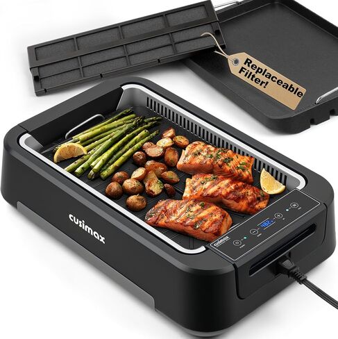 Indoor Grill, CUSIMAX Electric Smokeless Grill & Griddle, Black, 1500W | With REPLACEABLE Smoke Filter Sponge/Smart LED Display/Non Stick 2 in 1 Grill & Griddle Plates/Larger Grilling Area in Saudi Arabia