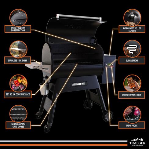 Traeger Ironwood 885 Wood Pellet Grill & Smoker, 885 Sq In, WiFi | Super Smoke Mode, D2 Controller, WiFi app control, 500°F max – 6-in-1 grill, smoke, bake & BBQ in Saudi Arabia