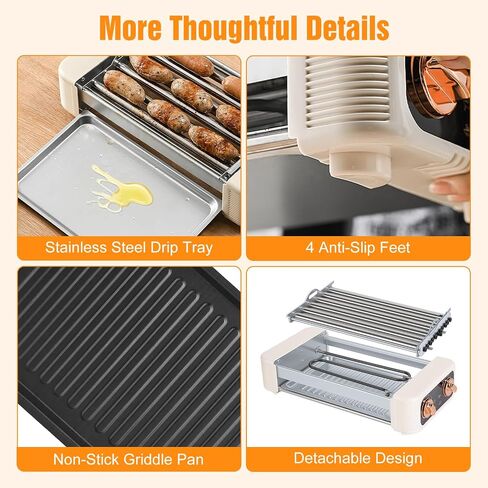 Hot Dog Roller Machine, 3-in-1 Electric Sausage Griller with 6 Auto-Rotating Rollers, Hot Dog Cooker Smokeless Non-Stick Indoor Outdoor with 3 Temp Levels for BBQ Sausages Skewers Burgers Vegetables in Saudi Arabia