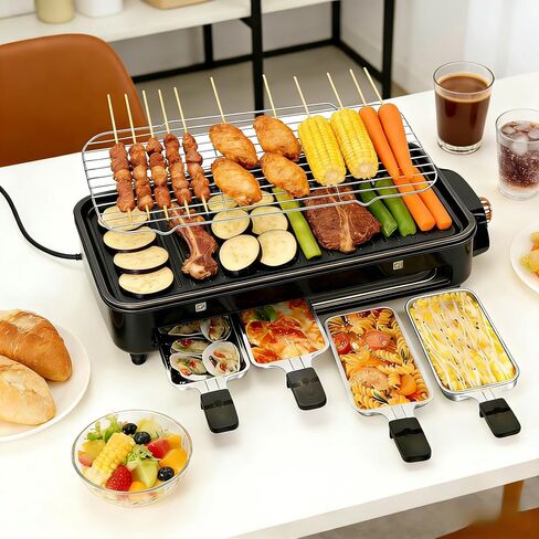 Electric Indoor Grill, 3 in 1 Smokeless Indoor Grills with Non-stick Removable Grill & Griddle Plate, Portable Korean BBQ Grills with 4 Cheese Pans, Adjustable Temperature Control, 1500W (Black) in Saudi Arabia