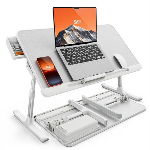SAIJI Laptop Bed Tray Table - Adjustable Lap Desk for Couch (Gray) | Fits 17" Laptop, Work From Home & Dorm Study, with Storage Drawer & PVC Leather in Kuwait
