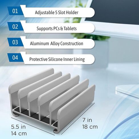 Elestoria 5-Slot Vertical Laptop Stand - Aluminum Laptop Stand Vertical for Desk -Laptop Holder with Adjustable Width (12-38mm) Compatible with MacBook Pro/Air & Gaming Laptops up to 17.3"-Grey in Saudi Arabia