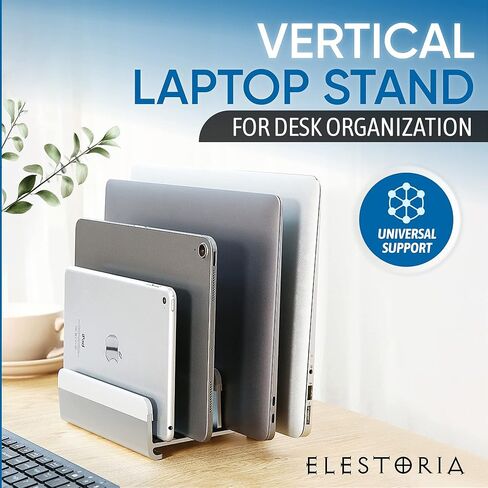 Elestoria 5-Slot Vertical Laptop Stand - Aluminum Laptop Stand Vertical for Desk -Laptop Holder with Adjustable Width (12-38mm) Compatible with MacBook Pro/Air & Gaming Laptops up to 17.3"-Grey in Saudi Arabia