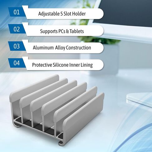 Elestoria 5-Slot Vertical Laptop Stand - Aluminum Laptop Stand Vertical for Desk -Laptop Holder with Adjustable Width (12-38mm) Compatible with MacBook Pro/Air & Gaming Laptops up to 17.3"-Grey in Saudi Arabia