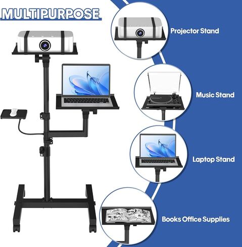 Projector Stand, 2 Shelves Mobile Laptop Cart with Adjustable 47" Height | top tray tilts 30°,4 quiet casters with 2 locks,sturdy H-beam steel frame,mouse tray included,for home,outdoor in Kuwait