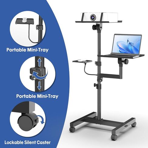 Projector Stand, 2 Shelves Mobile Laptop Cart with Adjustable 47" Height | top tray tilts 30°,4 quiet casters with 2 locks,sturdy H-beam steel frame,mouse tray included,for home,outdoor in Kuwait