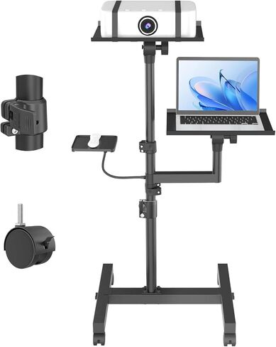Projector Stand, 2 Shelves Mobile Laptop Cart with Adjustable 47" Height | top tray tilts 30°,4 quiet casters with 2 locks,sturdy H-beam steel frame,mouse tray included,for home,outdoor in Kuwait