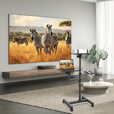 Projector Stand, 2 Shelves Mobile Laptop Cart with Adjustable 47" Height | top tray tilts 30°,4 quiet casters with 2 locks,sturdy H-beam steel frame,mouse tray included,for home,outdoor in Kuwait
