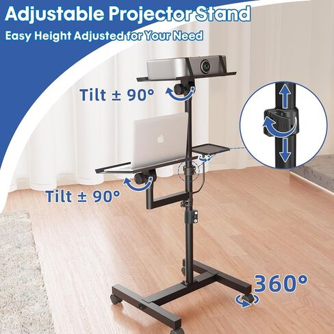 Projector Stand, 2 Shelves Mobile Laptop Cart with Adjustable 47" Height | top tray tilts 30°,4 quiet casters with 2 locks,sturdy H-beam steel frame,mouse tray included,for home,outdoor in Kuwait