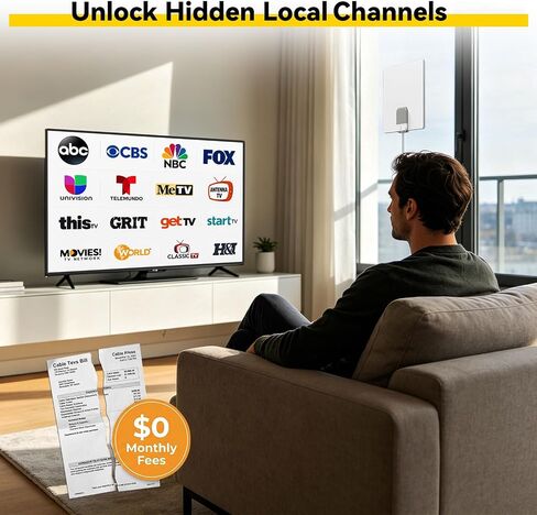 Indoor TV Antenna for Smart TV – Free Local Channels, No Monthly Fees | 65 Mile Long Range Reception, 4K 1080p, ATSC 3.0, Amplified Signal Booster, 16ft Coaxial Cable, Easy Window & Wall Setup in Saudi Arabia