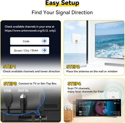 Indoor TV Antenna for Smart TV – Free Local Channels, No Monthly Fees | 65 Mile Long Range Reception, 4K 1080p, ATSC 3.0, Amplified Signal Booster, 16ft Coaxial Cable, Easy Window & Wall Setup in Saudi Arabia