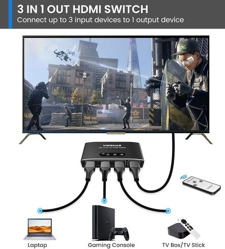 HDMI Switch 3 in 1 Out 4K UHD HDMI Switcher Splitter, Automatic Switch with Remote Metal HDMI Switch Box Hub Support 4K 3D 1080P HDCP2.2 for PS5 PS4 Xbox DVD Player Fire Stick Apple TV PC in Kuwait