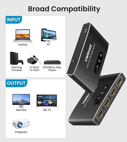 HDMI Switch 3 in 1 Out 4K UHD HDMI Switcher Splitter, Automatic Switch with Remote Metal HDMI Switch Box Hub Support 4K 3D 1080P HDCP2.2 for PS5 PS4 Xbox DVD Player Fire Stick Apple TV PC in Kuwait