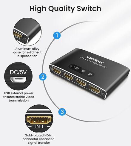 HDMI Switch 3 in 1 Out 4K UHD HDMI Switcher Splitter, Automatic Switch with Remote Metal HDMI Switch Box Hub Support 4K 3D 1080P HDCP2.2 for PS5 PS4 Xbox DVD Player Fire Stick Apple TV PC in Kuwait
