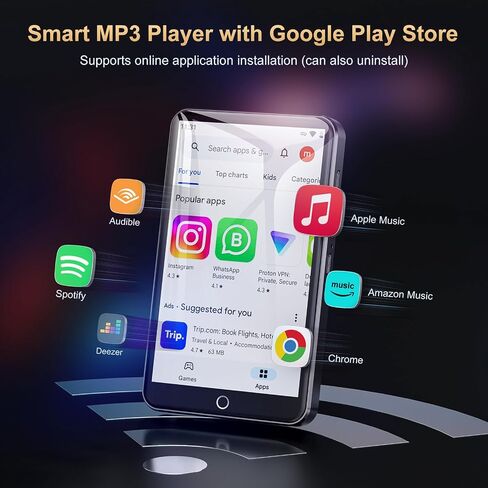 Oilsky 80GB MP3 Player with Bluetooth and WiFi, Mp3 & Mp4 Music Player with Spotify, Amazon Music, Audible, 4.0" IPS Touch Screen Android Player with Speaker, FM Radio, Up to 512GB in Kuwait