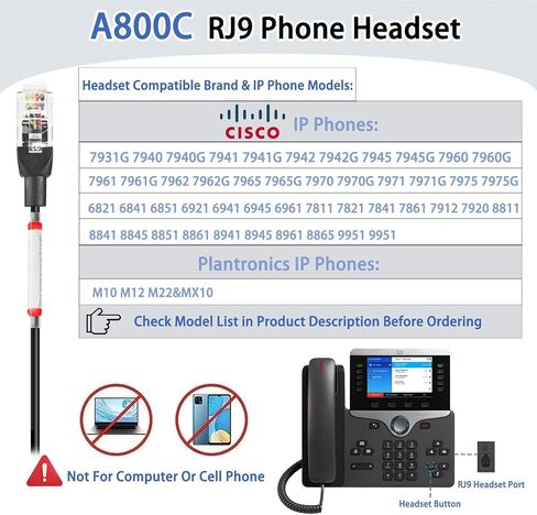 Arama RJ9 Telephone Headset for Cisco IP Phones, Mic Mute&Volume Control | Wired Phone Headset, Lightweight, Coilded Wire for Long Range, Clear Calls, Compatible with Cisco IP-7940G 8841 7841 9971 in Saudi Arabia
