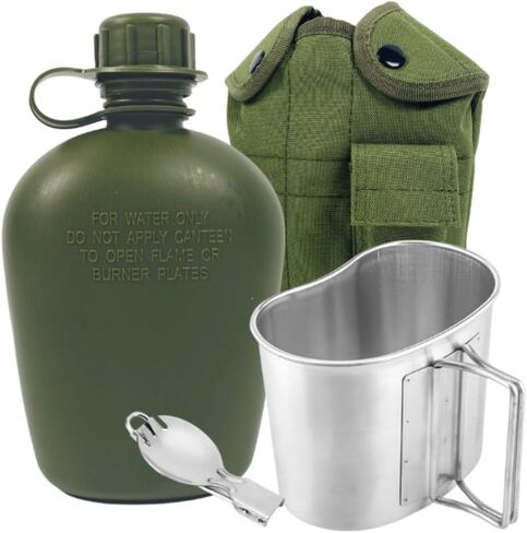 BeGrit Army Canteen Stainless Steel Cup w/Spoon Fork for Backpacking | 1-quart US GI style canteen with aluminum cup, foldable spork, belt hook & storage pocket. For hiking, camping & outdoor use in Saudi Arabia