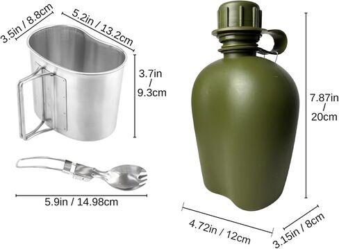 BeGrit Army Canteen Stainless Steel Cup w/Spoon Fork for Backpacking | 1-quart US GI style canteen with aluminum cup, foldable spork, belt hook & storage pocket. For hiking, camping & outdoor use in Saudi Arabia