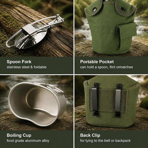 BeGrit Army Canteen Stainless Steel Cup w/Spoon Fork for Backpacking | 1-quart US GI style canteen with aluminum cup, foldable spork, belt hook & storage pocket. For hiking, camping & outdoor use in Saudi Arabia