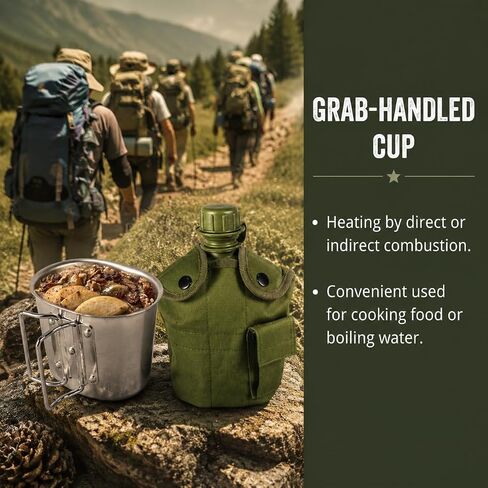 BeGrit Army Canteen Stainless Steel Cup w/Spoon Fork for Backpacking | 1-quart US GI style canteen with aluminum cup, foldable spork, belt hook & storage pocket. For hiking, camping & outdoor use in Saudi Arabia