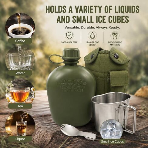BeGrit Army Canteen Stainless Steel Cup w/Spoon Fork for Backpacking | 1-quart US GI style canteen with aluminum cup, foldable spork, belt hook & storage pocket. For hiking, camping & outdoor use in Saudi Arabia
