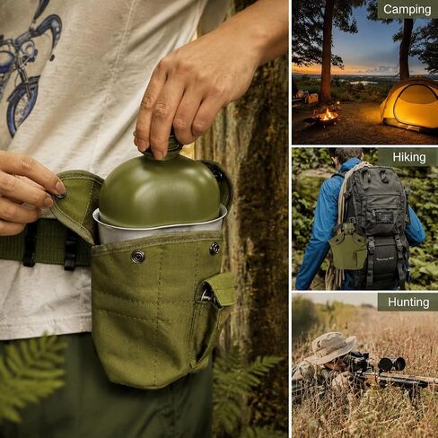 BeGrit Army Canteen Stainless Steel Cup w/Spoon Fork for Backpacking | 1-quart US GI style canteen with aluminum cup, foldable spork, belt hook & storage pocket. For hiking, camping & outdoor use in Saudi Arabia