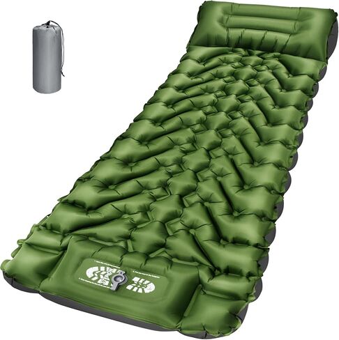 4in Backpacking Camping Sleeping Pad with Foot Pump | Built-In Pillow, Compact Inflatable Camping Air Mattress for Hiking, Tent, Road Trip, Car Camp, and Travel Gear in Kuwait