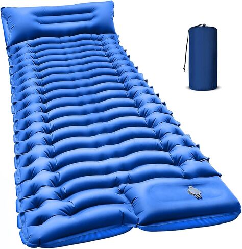 FUN PAC Camping Sleeping Pad with Pillow Built-in Foot Pump Inflatable Sleeping Mat Compact for Camping Backpacking Hiking Traveling - Blue in Saudi Arabia